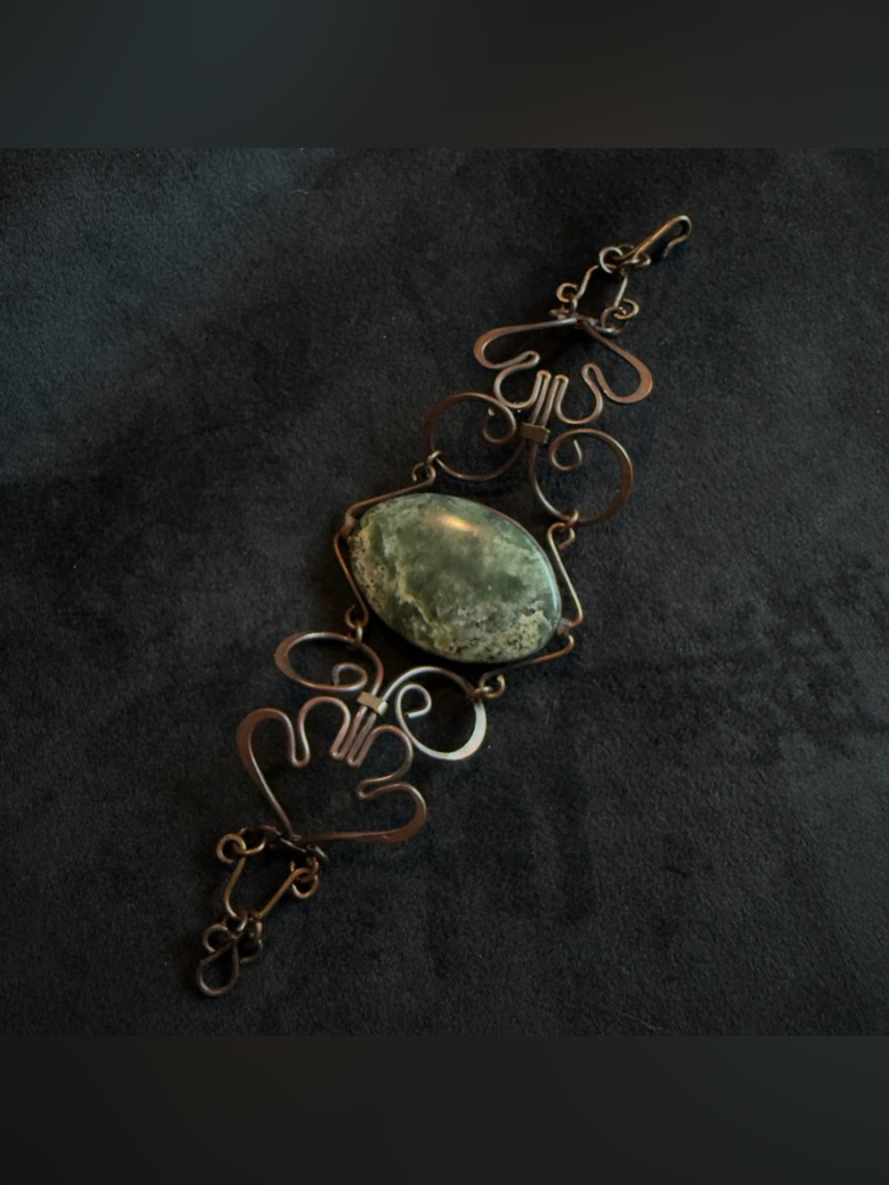 Vintage Copper Filigree Scroll Statement Bracelet Green Cabochon